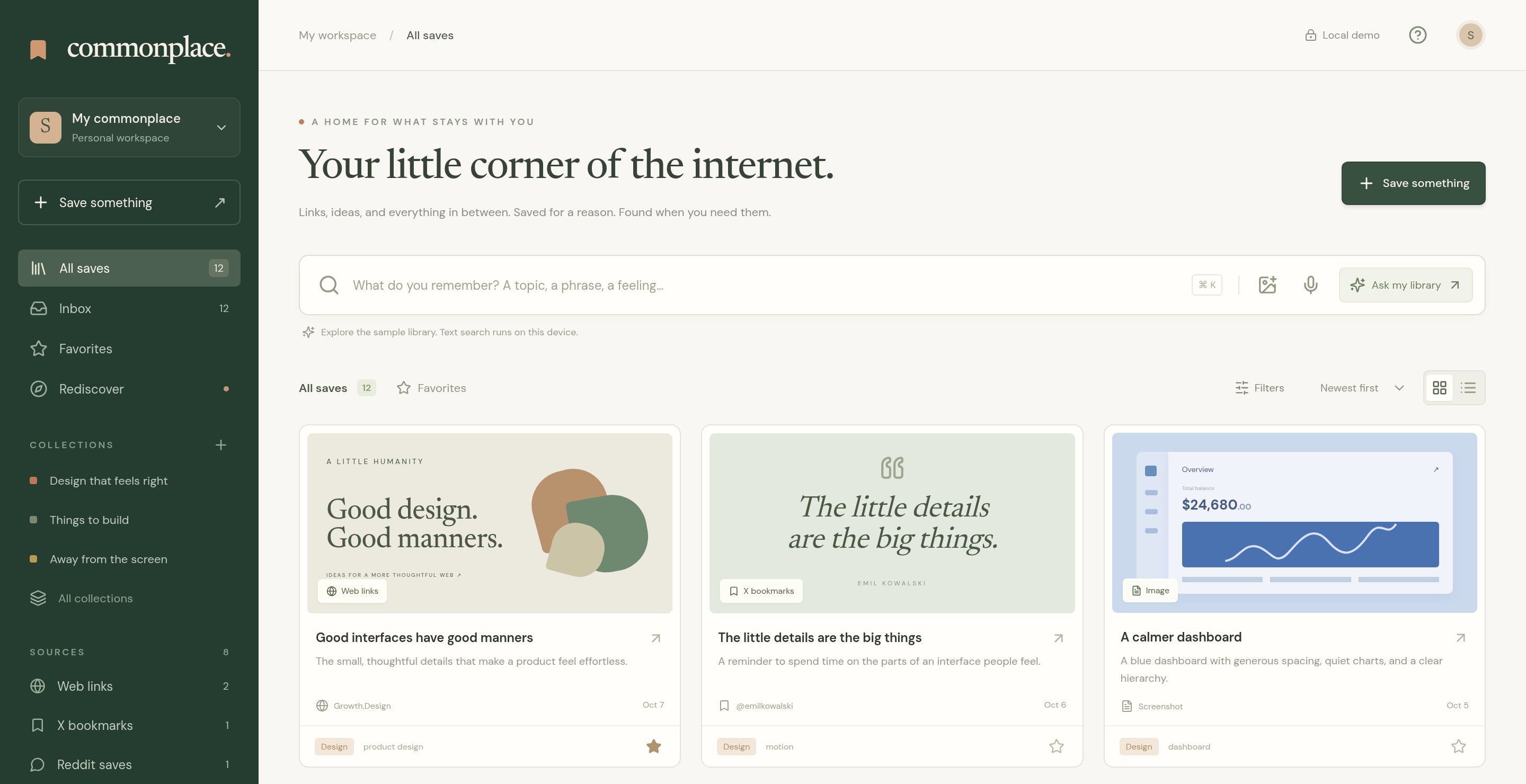 The Commonplace library: saved notes, web links and X bookmarks shown as cards beside a search bar.